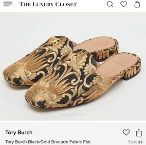 Tory Burch Carlotta Gold and Black Brocade Mules Size 8.5 With Box & Dust Bags